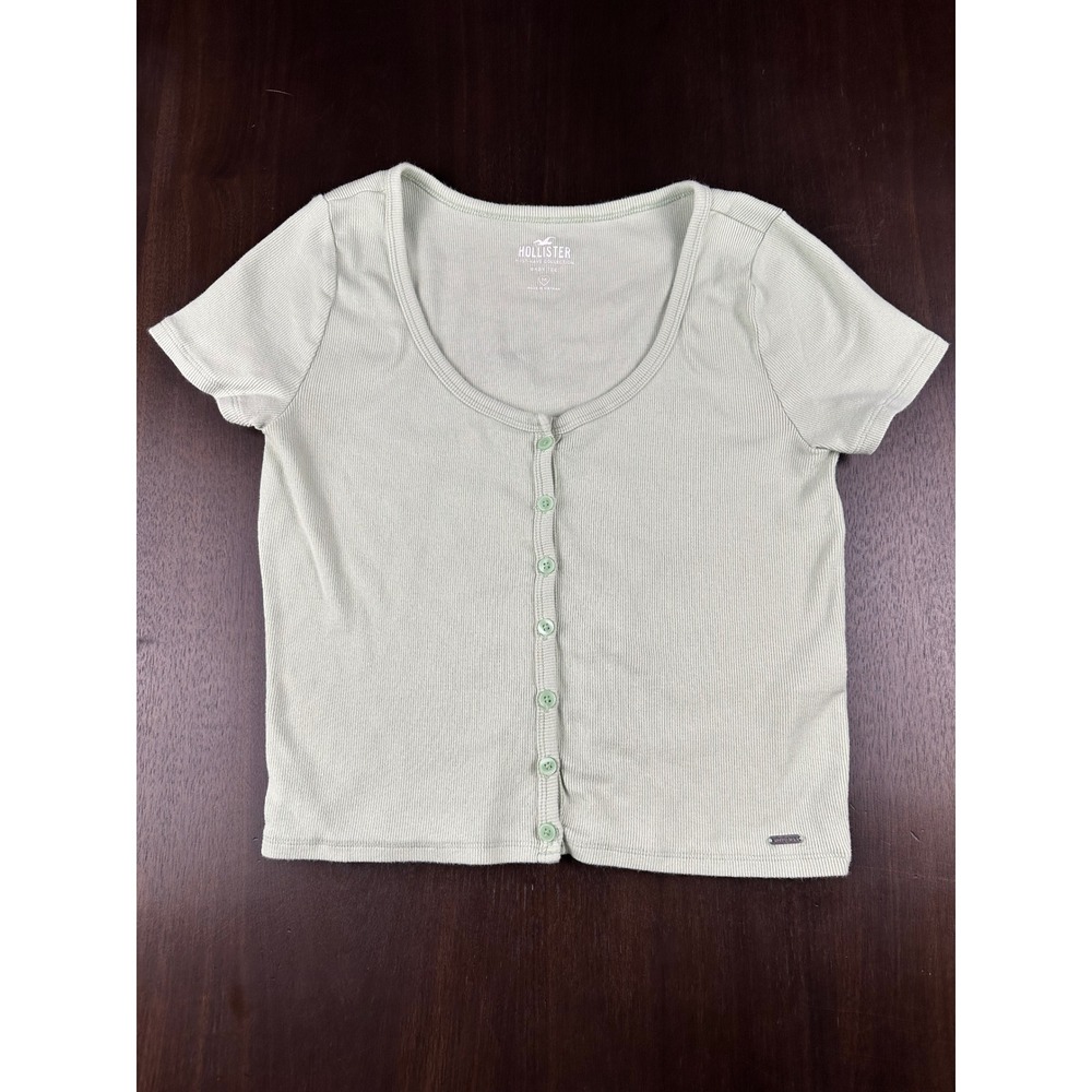 Hollister Must-Have Collection Baby Tee Sage Green Ribbed Button Front Top M